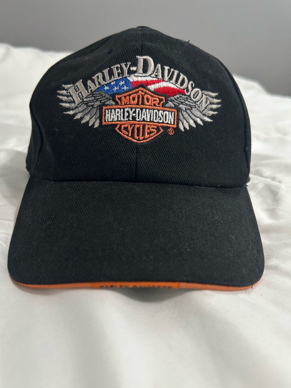 Y2K Harley-Davidson Winged Bar & Shield USA Flag Velcro Hat Embroidered Cap